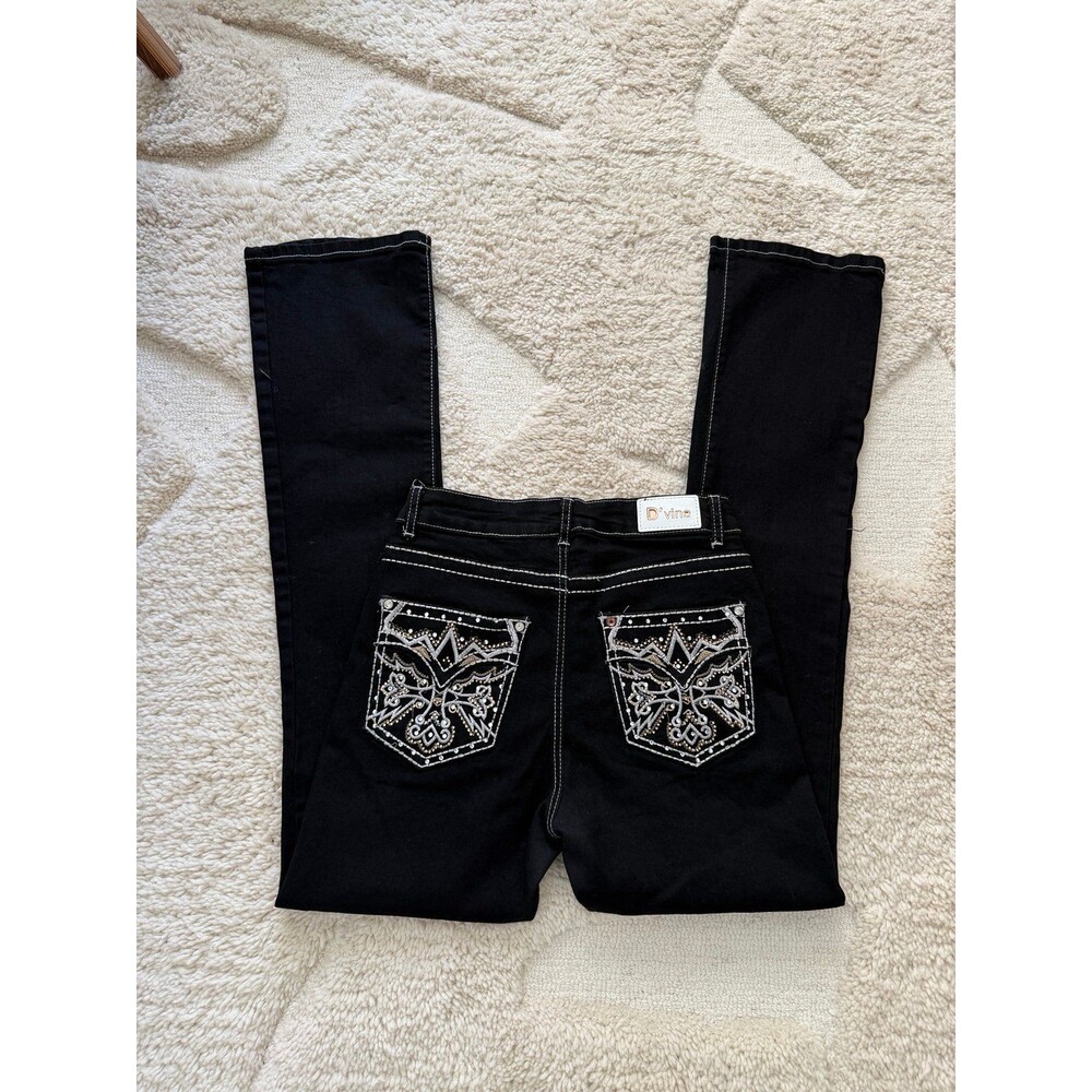 D’vine Black Contrast Stitch Jeans Rhinestone Pockets Y2K Western Bootcut